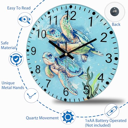 Turtle Glass Wall Clocks, 8 Inch Silent Wall Clock Non Ticking - color: Green, size: 8 Inch