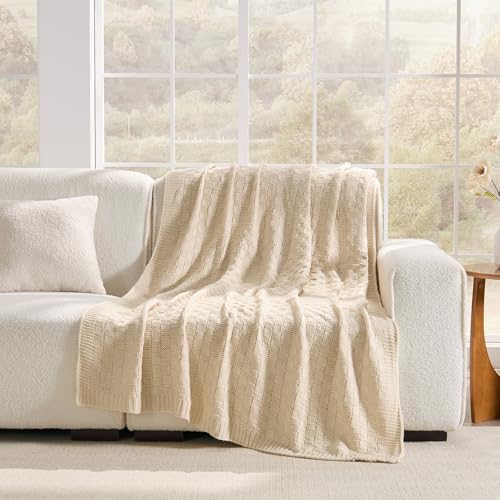 Beige Throw Blanket, Cute Checkerboard Knit, 50x60 Inches - color: Check-beige, size: 50"x60"