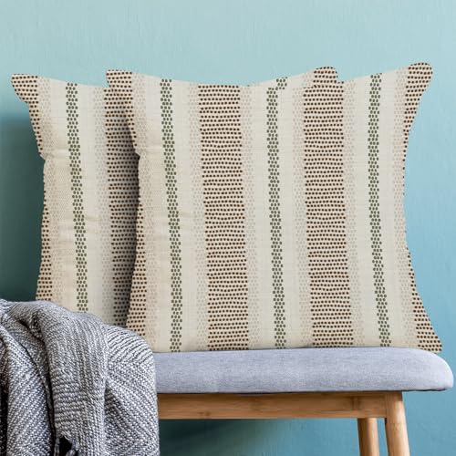 AEIOAE Brown Sage Green Outdoor Pillow Covers 16 x 16 Inch, Beige Polka Dots Stripe Decor Throw Pillows for Couch Bed, Boho Modern Farmhouse Decorative Pillowcase Linen Cushion Cover Set of 2 - color: Brown Sage Green Beige, size: 16" x 16" (Pack of 2)