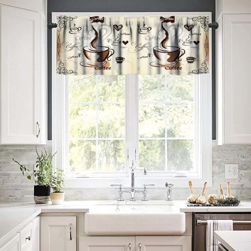Coffee Valance Curtains, Retro Latte Cappuccino Cafe Beans Farmhouse Country Theme Print Window Treatment Valances for Kitchen Dinning Room Living Room Cafe, 54x18 Inch - color: Coffee-2, size: 53"W x 18"L (Pack of 1)