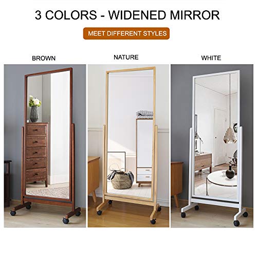 Swivel Full Length Mirror on Wheels 65"x22", Free Standing Wood Frame Cheval Floor Mirror for Dressing, Full Body with Stands, Tilt Angle Adjustable, Brown - color: Brown-65"*22"