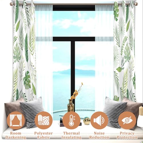 Watercolor Green Tropical Leaf Window Curtains Set 2 Panels 45" L x 29" W - color: Green & White, size: 29"W x 45"L (Pack of 2)