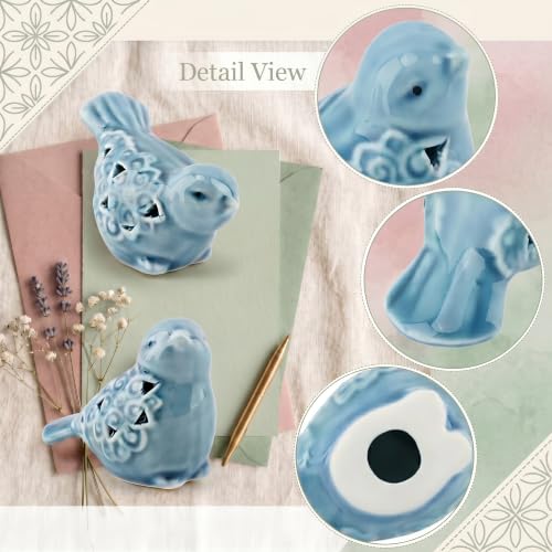 Blue Bird Figurines for Home Decor, 2 Piece Farmhouse Ceramic Bird Statue Sculpture Birds Ornaments for Entryway TV Stand Bookcase, Cute Birds Small Shelf Desk Decor (Blue)