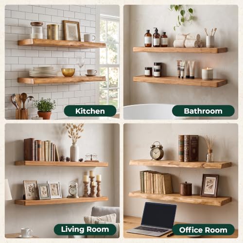 36in Live Edge Solid Elm Floating Shelves, Natural, Set of 2 - color: Natural Color, size: Live Edge 36 inch, 2Packs