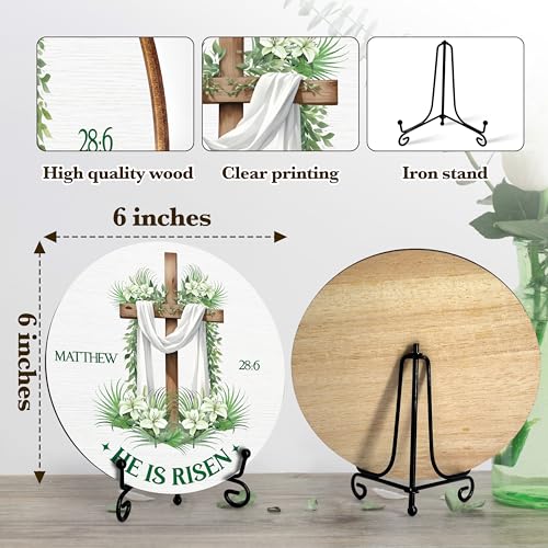 He Is Risen Wood Sign, Happy Easter Decor For Home Office Farmhouse Bedroom Shelf, Spring Floral Table Decoration For Easter Party, Religious Wooden Round Decor Gifts For Women Men Friends -36 - color: He Is Risen