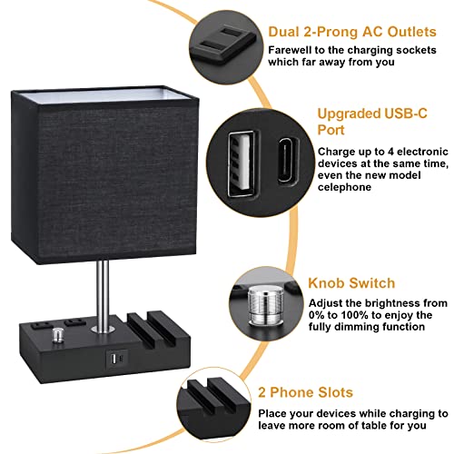 Black Table Lamp for Bedroom - Stepless Dimmable, USB C+A, 2 AC Outlets - color: Black with Knob Switch, size: 1 Pack