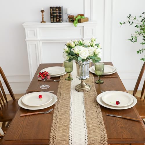 Simple&Opulence Boho Macrame Table Runner - 12 x 90 Inch, Splicing Burlap Farmhouse Cotton Table Runner with Fringed Edges for Bohemian Rustic Wedding, Bridal Shower, Dinner (Brown & White) - size: 12"x90", style: White