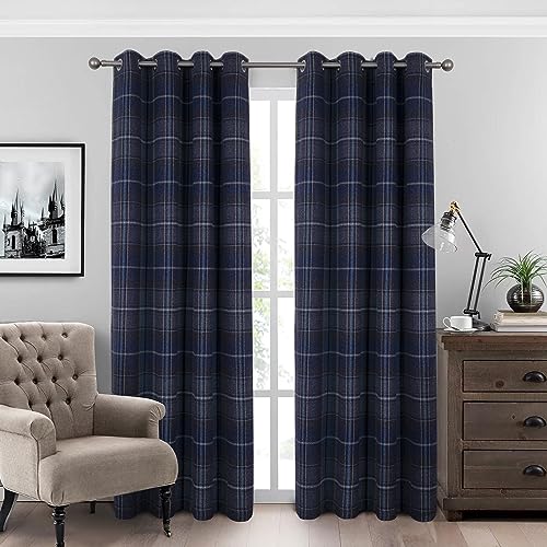 always4u Woolen Look Plaid Curtains Modern Window Panels Navy Blue Check Tartan Curtains for Living Room Bedroom 2 Panels Navy Blue 45 * 63 Inches - color: Navy Blue, size: 45"W x 63"L (Pack of 2)