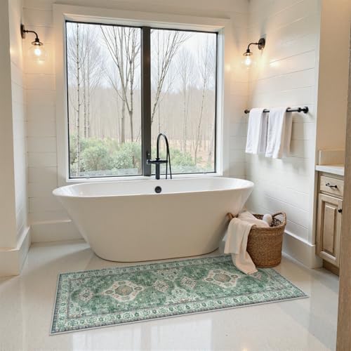 Seavish Green Boho Bathroom Runner Rugs, Long Soft Oriental Bath Runner - color: Green, size: 24 x 60 inch