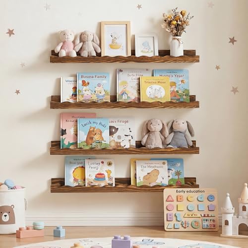 Fun Memories Picture Ledge Shelf for Wall, 16 inch Pine Wood Nursery Book Shelves Set of 4- Wall Book Shelves for Kids Room, Home Decor - Kitchen Spice-Carbonized - color: Carbonized Brown, size: 16", Set of 4