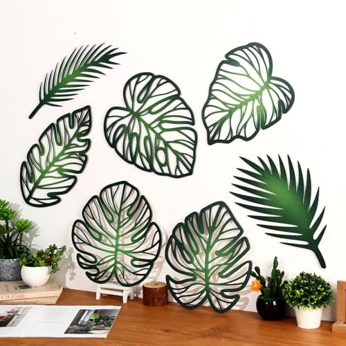 Zzbakress 7 Pcs Palm Tree Wall Art Leaves Wall Decor Tropical Wall Art Jungle Nursery Decor Monstera Room Decoration for Farmhouse Home Kitchen Bedroom Garden (Green)