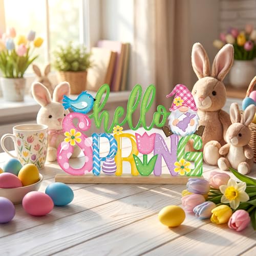 Roowest Metal Hello Spring Gnome Table Decor Sign with Wooden Base - style: Spring Gnome