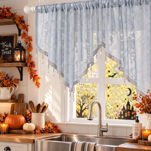 Molaxhome Swag Curtain Scalloped Curtain Valance Drape Sheer Lace Panel 1pc - color: Lace Grey