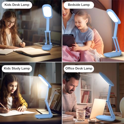 Akejrym LED Desk Lamp for Office & Home, Battery Operated, Foldable & Portable Light, 2-Fold Bracket, 3 Brightness Dimmable, Wireless Reading Lamp (Blue) - color: Blue