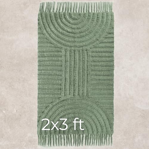 Beautiful Boho Rug with Tassels for Bathroom - Soft 2x3 ft Cotton - color: Sage Green, size: 2' x 3' (Rectangular)