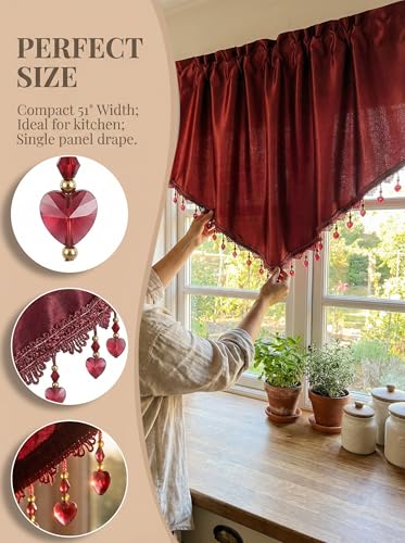 Molaxhome Swag Curtain Scalloped Curtain Valance Drape Sheer Lace Panel 1pc - color: Cloth Red