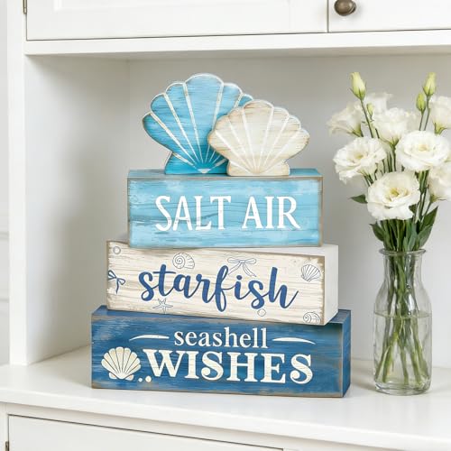 4 Pcs Coastal Summer Beach Tiered Tray Decor Rustic Wooden Nautical Centerpiece Set with Shell Starfish Farmhouse Style Beach Room Decor Summer Tiered Tray Decor - style: Coastal