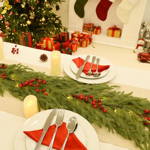 YoleShy 6FT Norfolk Pine Garland Christmas Garland with Lights Red Berry - color: Red Berry