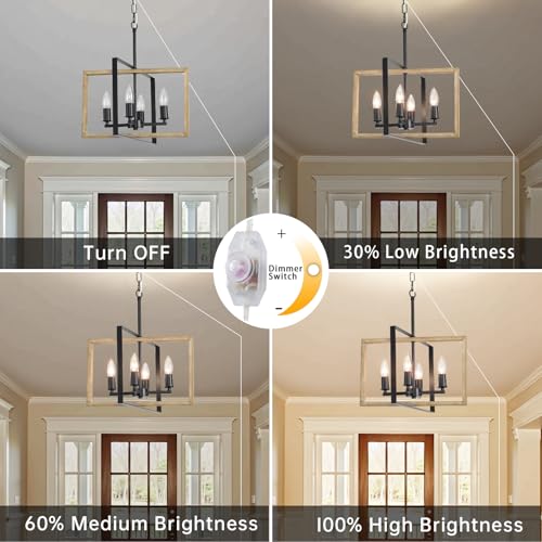 DIMMABLE Plug in Chandelier 4-Light with 19.68ft Long Cord, Wood Hanging Lights Dimmer Switch, Plug in Pendant Light Fixture Farmhouse Rustic Chandelier for Bedroom Living Dining Room Kitchen Gazebo - color: Black&Wood
