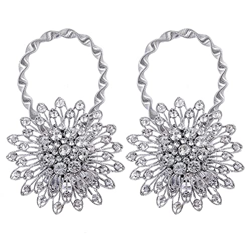 Magnetic Curtain Tiebacks Sparkling Flower Window Curtain Bind Holdback Buckles Clips Tie Backs Drapery Holders with Stretchable Spring Wire Rope for Decoration-FWF003-Silver - 2 Pack - color: Silver, size: FWF003