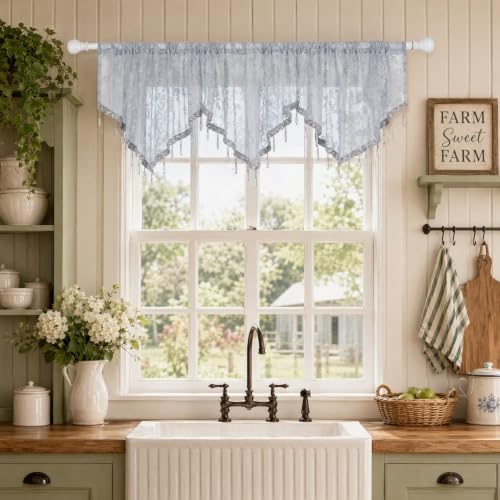 Molaxhome Swag Curtain Scalloped Curtain Valance Drape Sheer Lace Panel 1pc - color: Lace Grey