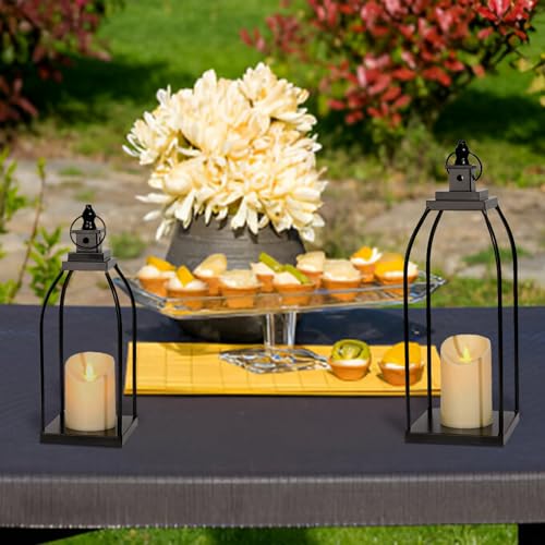 Decorative Candle Lanterns Set of 2, Black Metal for Indoor & Outdoor - size: 14+17in