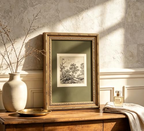 Vintage Gold Framed Wall Art Tree Forest Landscape Painting Canvas Prints Green Gray Tree Natural Sketch Picture Rustic Farmhouse Poster Artwork for Living Room Bedroom Bathroom, 9x11in - color: Green Forest, size: 11"L x 9"W