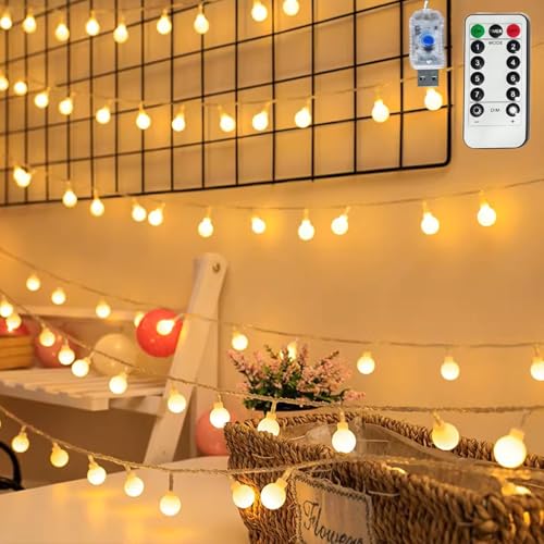Globe String Lights, 32.8 FT 80 LED USB Powered Waterproof Timer 8 Modes Fairy String Lights with Remote for Bedroom Christmas Party Patio Garden Indoor Wedding Decor, Warm White, 10M