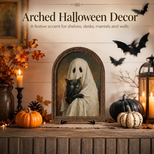 Ghost Black Cat Arched Wood Tabletop Decor, Vintage Halloween Wall Art - color: Color 21