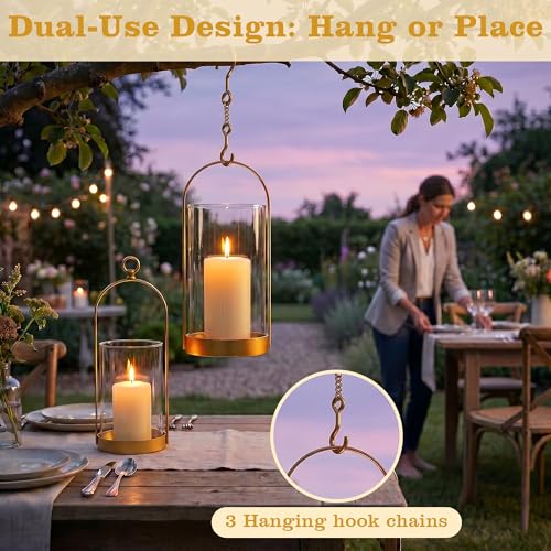 Hurricane Glass Candle Holders Set of 3, Hanging Gold Candlestick