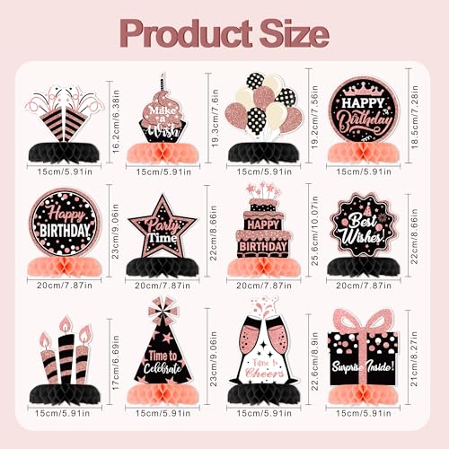 12 Pcs Birthday Table Decorations Glitter Rose Gold Black Birthday Decor - style: Rose Gold Black
