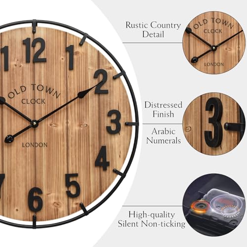 EMAX HOME Large Old Town Farmhouse Wall Clock 24 Inch Rustic Antique Wood with Metal Circle and Large Numerals Silent Battery Operated Wall Clock for Office Kitchen Bedroom Living Room - color: Brown, size: 24 Inch