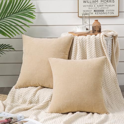 GAWAMAY Decorative Throw Pillow Covers 16x16 Inch Set of 2, Super Soft Chenille Square Pillows Farmhouse Fall Pillowcase for Living Room Bedroom Sofa Couch Cushion Cover Beige 40x40cm (No Insert) - color: Beige, size: 16" x 16" (Pack of 2)