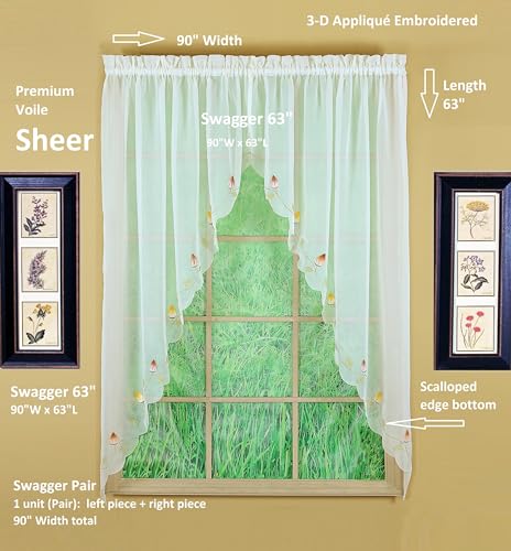 Today's Curtain,Vineyard 3-D Appliqué,Swagger 63", Ecru, 90" W x 63" L - color: Ecru, size: 90"W x 63"L (Pack of 1)