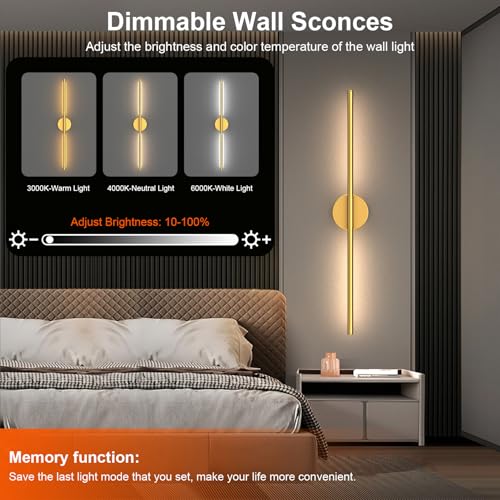 Tartek Battery Operated Wall Sconces Set of Two, Rechargeable Wall Lights with Remote Control, Dimmable 3000K-6000K LED Wall Lamp, 360°Rotate, Long Wireless Sconces for Living Room, Bedroom - color: Gold