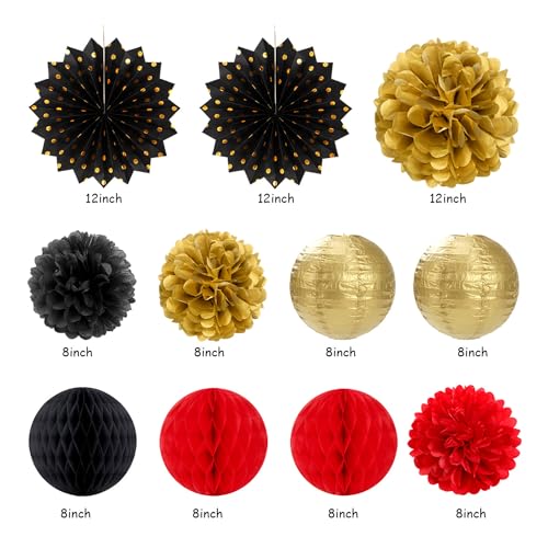 Red-Black Gold Casino-Theme Birthday Party-Decorations - 21pcs Happy Banner,Game Night Paper Lanterns,Tissue Pom Poms Flower Fan,Honeycomb Ball,Swirl Streamers Garland Supplies Women Men Decor Huglony - color: Red Black Gold