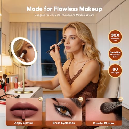 30X Magnifying Makeup Mirror with Lights, Height Adjustable Double Sided Vanity Mirror, 360° Rotation Cosmetic Mirror for Desk Bathroom - Antique Bronze