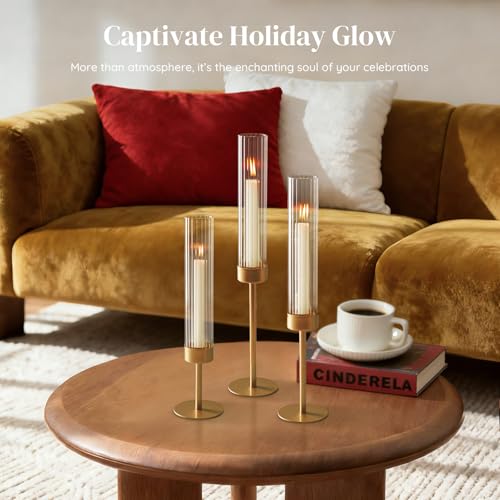 Glasseam Gold Hurricane Taper Candle Holders, 3 Pcs Candlestick with Glass - color: Gold