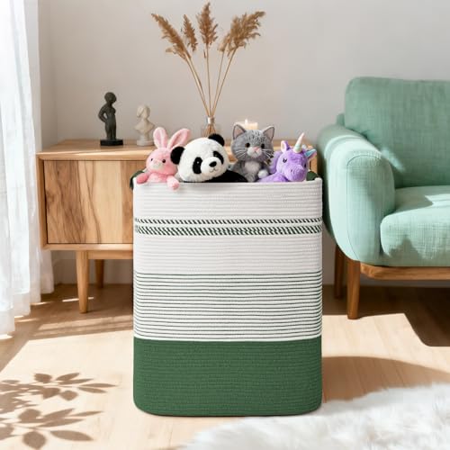 Laundry Hamper, 85L Tall Laundry Basket with Leather Handles, Rectangle Large Clothes Hamper for Organizing, Cotton Woven Laundry Baskets Storage Hampers for Bedroom, Nursery, Living Room - color: Green, size: 85L