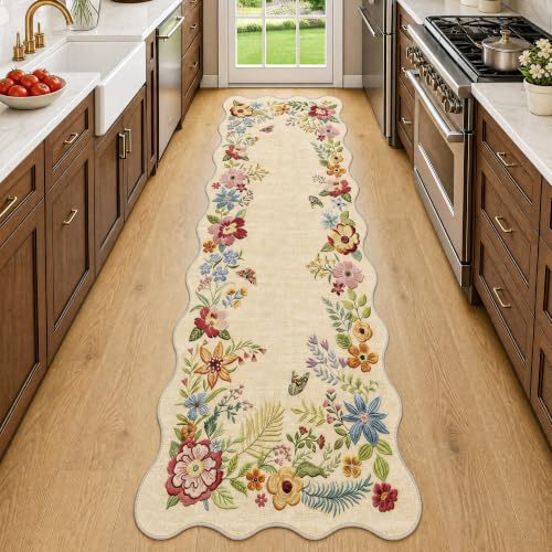 FMFUNCTEX 3x8 Hallway Runner Rug Washable Beige Floral Vintage Scalloped - color: Beige, size: 3' x 8' (Rectangular)