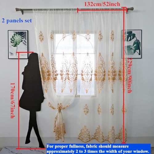 Amidoudou Rod Pocket Curtains European Luxury Sheer Embroidered Window Screening for Living Room Bedroom Tulle Curtains (Gold,52" W x 90" L (Pack of 2)) - color: Gold, size: 52"W x 90"L (Pack of 2)