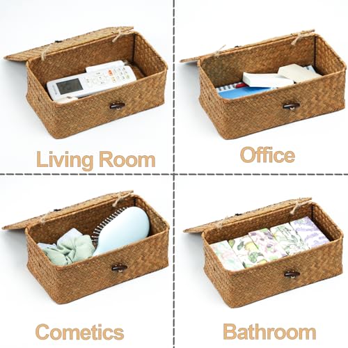 Set of 2 Wicker Basket with Lid, Seagrass Woven Basket for Storage - color: Natural, size: 10.23" x 6.3" x 4.13"+ 9.05" x 5.11" x 3.34"