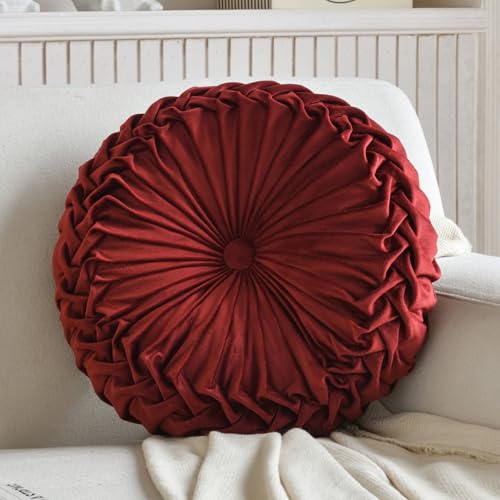 Teieas Round Pillows Velvet Pleated Circle Pillow Floor Pillows Burgundy - color: Burgundy
