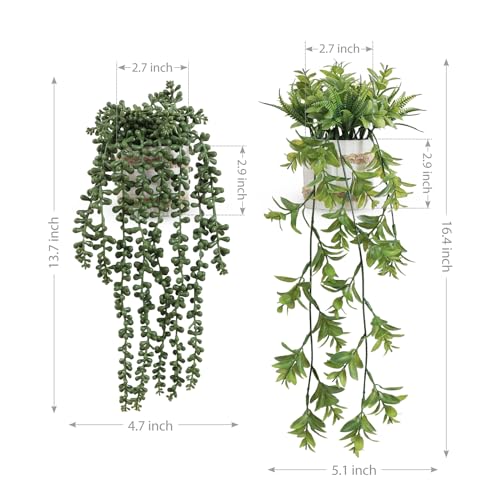 2 Pack Fake Hanging Plants, Faux Eucalyptus Vine Fern and String of Pearls - color: Hangingb-2pcs