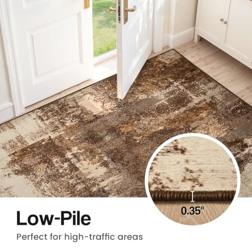 Kelarea Washable Runner Rug 2.6x8, Non-Slip Low Pile Abstract Brown - color: Brown, size: 2'6" x 8' (Rectangular)