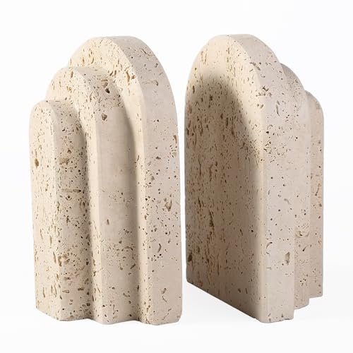 Natural Marble Book Ends - Heavy Duty Bookends for Shelves - Aesthetic Layered Arch Design Stone Book Holders, Unique Modern Office Bookshelf Stopper Decor for Books/CDs(Travertino Turkey) - style: Arched-Beige