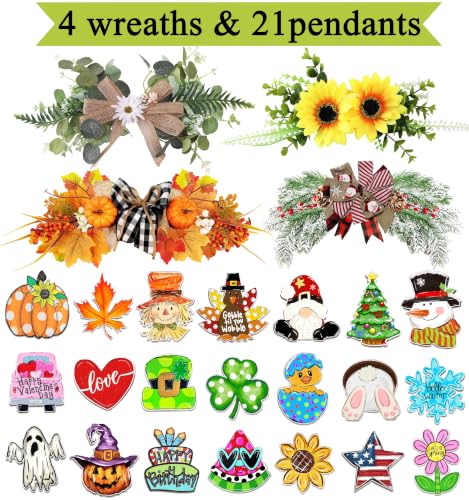 Interchangeable Welcome Sign for Front Door with 4 Seasonal Wreaths 21 Changeable Icons, Farmhouse Rustic Outdoor Welcome Signs Porch, Spring Winter Fall Decorations for Home House Warming Gifts