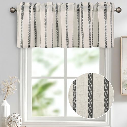 JIUZHEN 52x18 Inch Kitchen Valance - Thick Textured Linen Striped Window Valance Curtain with 3" Rod Pocket, Wheat Stripe Grey (1 Panel) - color: Wheat Stripe Grey, size: 52"W x 18"L (Pack of 1)