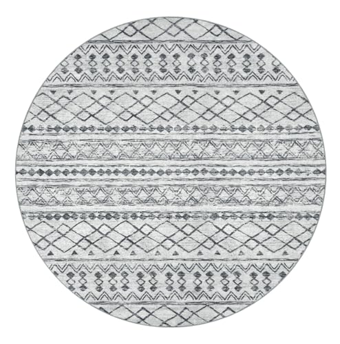 KUTA Boho Geometric Washable Circle Rug 3Ft Grey Moroccan Washable - color: Grey, size: 3' (Round)