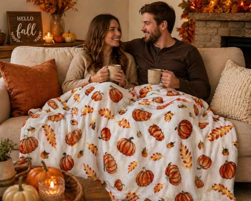 Fall Soft Fleece Throw Blanket, Pumpkin Leaves Wheat, 50" x70 Oversized - color: Fall Harvest